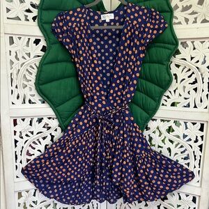 XIX Palms Seville party wrap mini dress, Navy with orange polka dots. Size S.